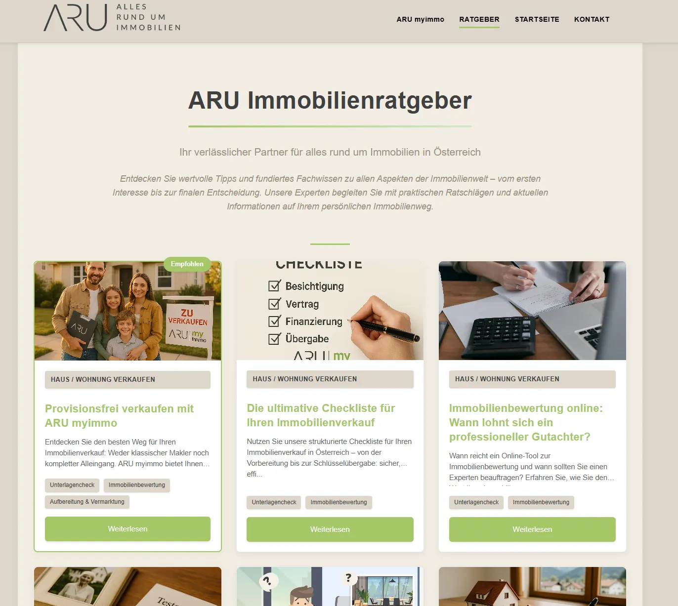 ARU Immobilienratgeber Webseite mit Themensektionen zu provisionsfreiem Immobilienverkauf, einer Verkaufs-Checkliste und Online-Immobilienbewertung