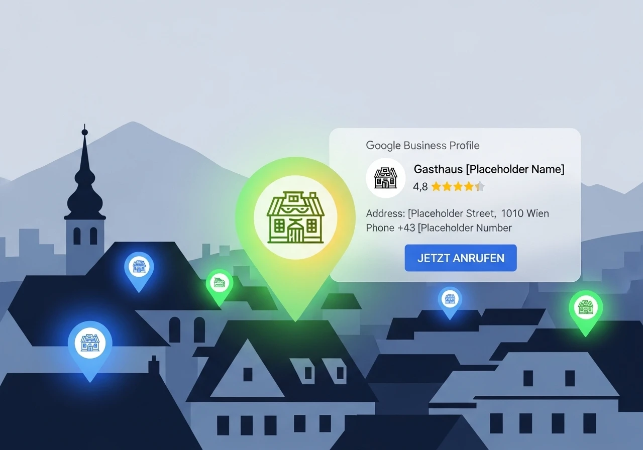 Eine digitale Karte einer oesterreichischen Region mit leuchtenden Markierungen, die lokale Unternehmen hervorheben, symbolisiert die Bedeutung von Local SEO fuer Kleinbetriebe.