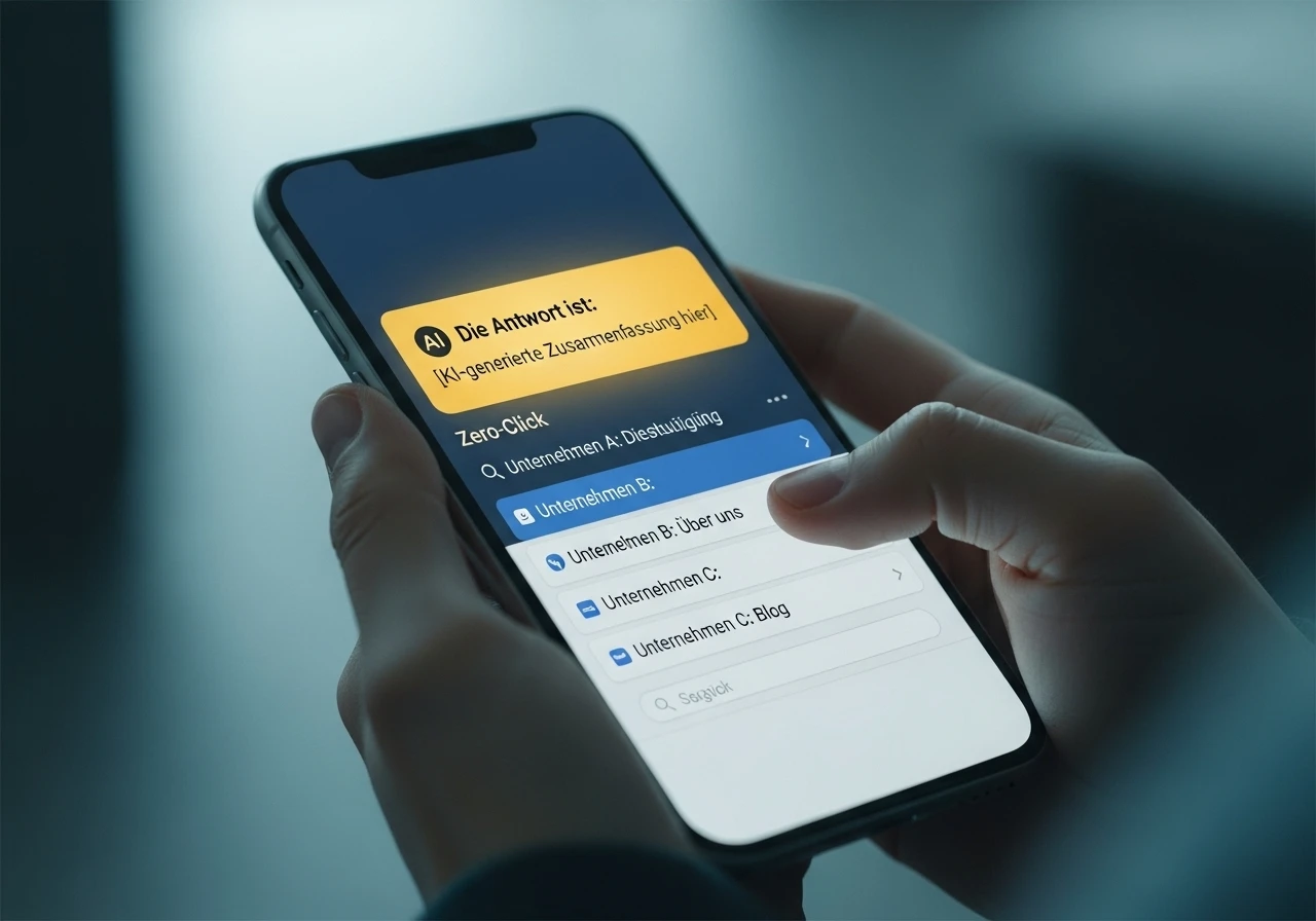 Haende halten ein Smartphone, das eine Google-Suchergebnisseite mit einer prominenten goldenen KI-Antwort und ungeklickten Links zeigt, ein Beispiel fuer Zero-Click-Searches.